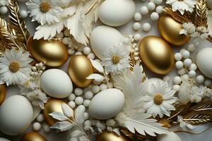 ai generiert Ostern Komposition eben legen mit Gold und Weiß Elemente, Eier foto