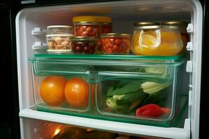 ai generiert frisch von das Kühlschrank nehmen aus ein Essen Container zum ein köstlich behandeln ai generiert foto