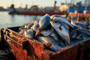 ai generiert am Hafen Handel frisch gefangen Fisch sortiert im Kisten zum Transport foto