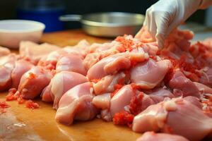 ai generiert Hähnchen Fleisch Produktion Prozess von Bauernhof zu wird bearbeitet ai generiert foto