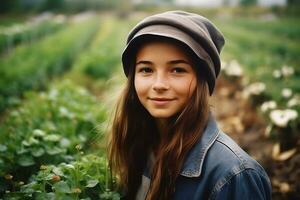 ai generiert Porträt von ein Mädchen gegen das Hintergrund von Ährchen von Weizen. neural Netzwerk ai generiert foto