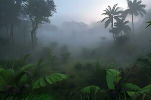 ai generiert Nebel Landschaft mit Palme Bäume. neural Netzwerk ai generiert foto