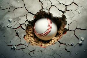 ai generiert dramatisch Baseball Moment Ball reißen durch ein Mauer mit Risse foto