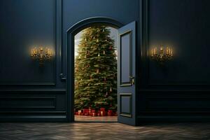 ai generiert Urlaub Wunder öffnen Tür offenbart ein Weihnachten Baum auf Anzeige foto