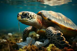 ai generiert Ozean Krise Plastik Verschmutzung Auswirkungen Meer Schildkröten und Marine Leben foto