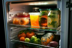 ai generiert Kühlschrank finden abrufen ein Essen Container von das Kühlschrank zum ein Mahlzeit ai generiert foto