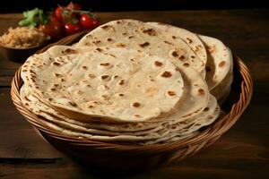 ai generiert Chapati auf hölzern Hintergrund, Darstellen authentisch indisch traditionell Küche foto