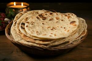 ai generiert indisch traditionell Küche Chapati auf ein rustikal hölzern Hintergrund foto