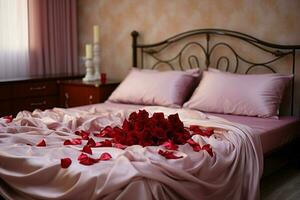 ai generiert Hotel Romantik Bett geschmückt mit Rose Blütenblätter Erstellen ein romantisch Rahmen ai generiert foto