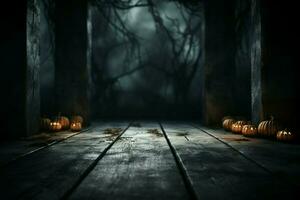 ai generiert Spuk Halloween dunkel Grusel Hintergrund setzt ein mysteriös Bühne mit hölzern Bretter ai generiert foto