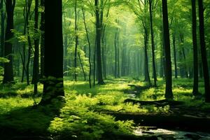 ai generiert Sonne Strahlen brechen durch ein üppig Grün Wälder dicht Krone foto