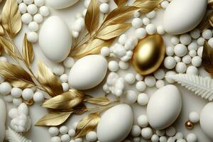 ai generiert Gold und Weiß Ostern eben legen Blätter und Eier auf Weiß foto