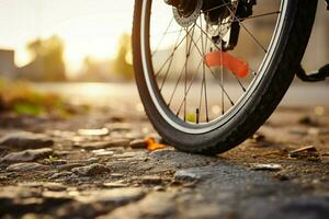 ai generiert Unbequemlichkeit auf das Straße schließen oben von ein Fahrrad eben Reifen foto