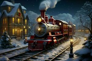 ai generiert Weihnachten thematisch Zug Reisen durch ein schneebedeckt Winter Landschaft ai generiert foto