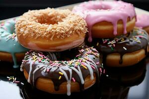 ai generiert Donuts im reizvoll Präsentation nach kreativ Verbesserungen und bearbeitet foto