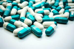 ai generiert pharmazeutische Eleganz Blau Weiß Antibiotikum Kapseln auf ein Weiß Hintergrund foto