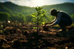 ai generiert Grün Initiative Neu Baum gepflanzt wie Teil von das Kampf gegen Klima Veränderung ai generiert foto