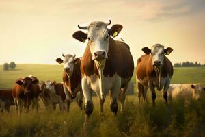 ai generiert Gruppe von Kühe Stehen im ein grasig Feld. ai generiert foto