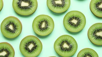 ai generiert Scheiben von Kiwi Obst und Grün Minze Blätter auf ein Licht Pastell- Blau Hintergrund. ai generiert foto