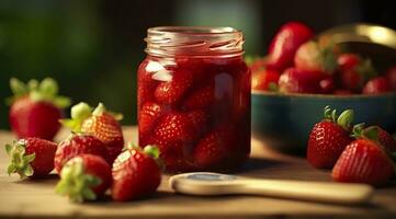 ai generiert Erdbeere Marmelade und frisch Beeren. generativ ai foto