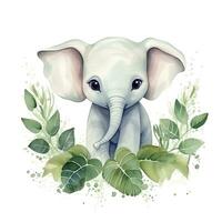 ai generiert glücklich süß Baby Elefant im Grün Blätter im das Aquarell Stil. ai generiert foto