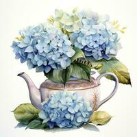 ai generiert Aquarell Hortensien im Teekanne isoliert auf Weiß Hintergrund. ai generiert foto