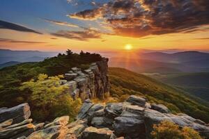 ai generiert Sonnenuntergang auf steinig Mann Berg. ai generiert foto