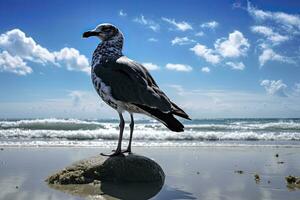 ai generiert Möwe auf das Strand unter Blau Himmel. foto