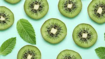 ai generiert Scheiben von Kiwi Obst und Grün Minze Blätter auf ein Licht Pastell- Blau Hintergrund. ai generiert foto