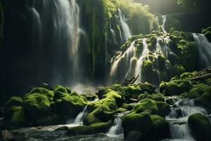 ai generiert Wasserfall Landschaft mit Felsen bedeckt im Grün Moos. ai generiert foto