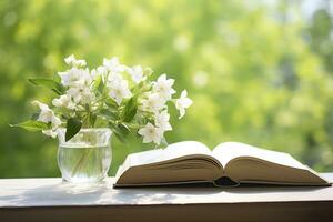 ai generiert Jasmin Blumen im ein Vase und öffnen Buch auf das Tisch, Grün natürlich Hintergrund. ai generiert foto