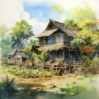 ai generiert ein aquarelliert hell heiter Bild von ein traditionell Bahay kubo. ai generiert foto