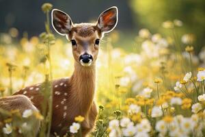 ai generiert weiblich Rogen Hirsch mit schön Blume. ai generiert foto