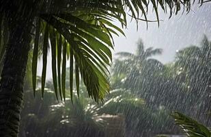 ai generiert Regen im das Tropen während das niedrig Jahreszeit oder Monsun Jahreszeit. Regentropfen im ein Garten. generativ ai foto