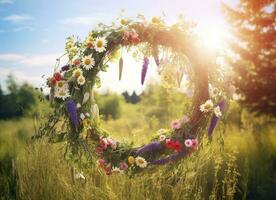 ai generiert rustikal Wildblumen Kranz auf ein sonnig Wiese. Sommer- Sonnenwende Tag, Hochsommer- Konzept. generativ ai foto