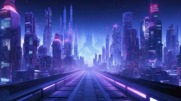 ai generiert ein futuristisch, Cyberpunk inspiriert Stadtbild beim Nacht. ai generiert foto