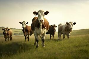 ai generiert Gruppe von Kühe Stehen im ein grasig Feld. ai generiert foto