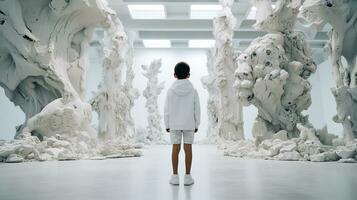 ai generiert Person Stehen im Zimmer mit Weiß Skulpturen foto