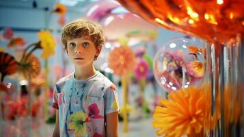 ai generiert jung Junge mit bunt Luftballons foto
