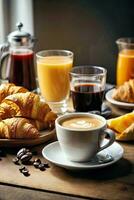 ai generiert ein köstlich Frühstück Verbreitung mit Kaffee und Croissants auf ein Tabelle foto