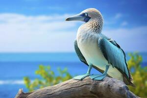 ai generiert das Selten Blaufuß Tölpel ruht auf das Strand. ai generiert foto