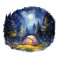 ai generiert ein Camping Zelt im das Wald mit Nacht Himmel, Aquarell zum T-Shirt Design. ai generiert foto