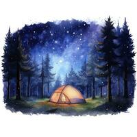 ai generiert ein Camping Zelt im das Wald mit Nacht Himmel, Aquarell zum T-Shirt Design. ai generiert foto