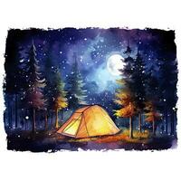 ai generiert ein Camping Zelt im das Wald mit Nacht Himmel, Aquarell zum T-Shirt Design. ai generiert foto