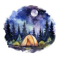 ai generiert ein Camping Zelt im das Wald mit Nacht Himmel, Aquarell zum T-Shirt Design. ai generiert foto