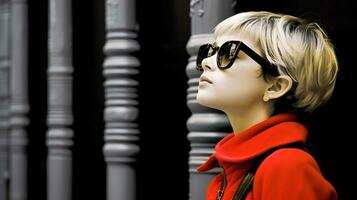 ai generiert stilvoll Frau im rot Mantel und Sonnenbrille foto