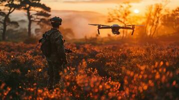 ai generiert Soldat mit ein Drohne im das Feld beim Sonnenuntergang. Militär- Konzept. foto