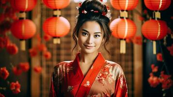 ai generiert ein Frau im ein Kimono Stehen im Vorderseite von rot Laternen foto