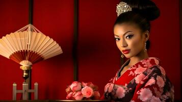 ai generiert ein Frau im ein Kimono halten ein Ventilator foto