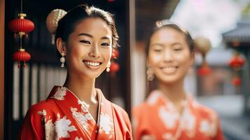 ai generiert zwei Frauen, einer im ein rot Kleid, Stehen zusammen foto